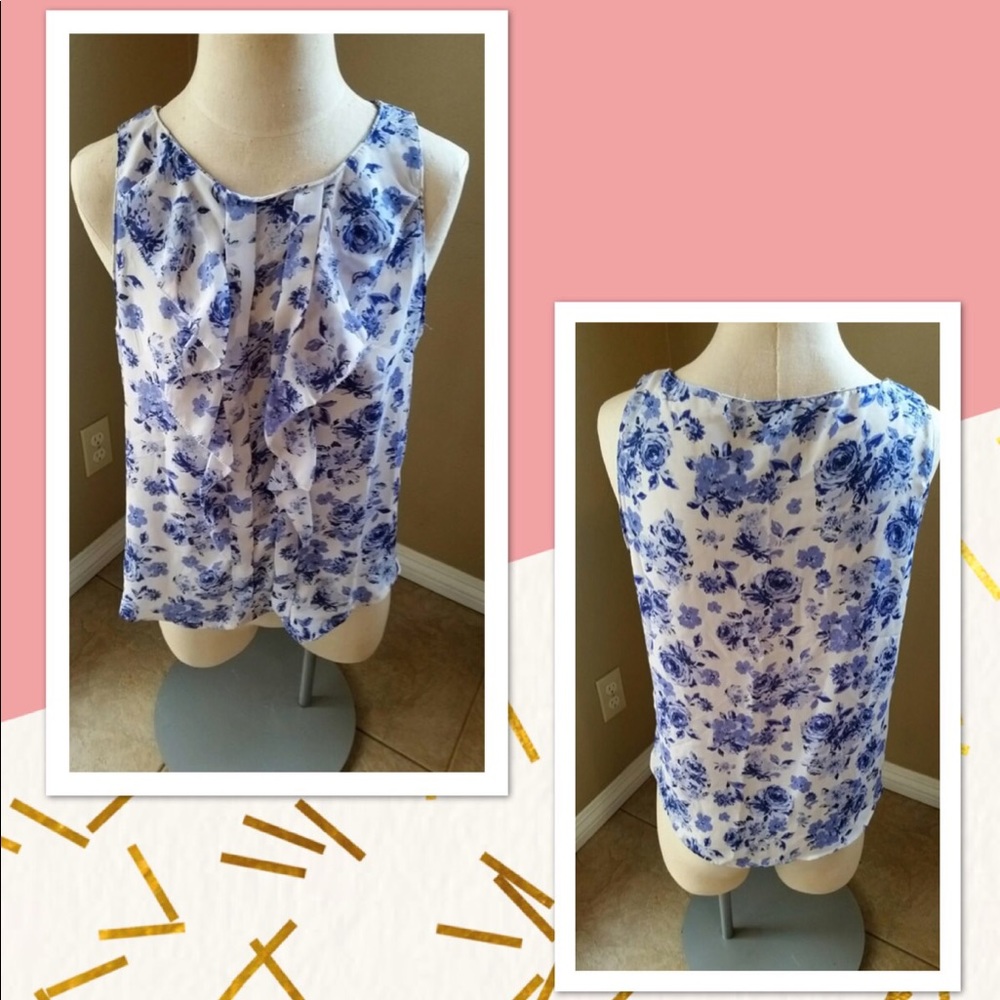 ELLE blue ruffle floral semi sheer blouse top EUC